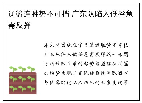 辽篮连胜势不可挡 广东队陷入低谷急需反弹