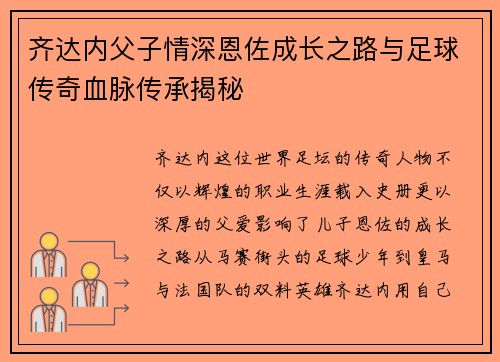 齐达内父子情深恩佐成长之路与足球传奇血脉传承揭秘 齐达内父子情深恩佐成长之路与足球传奇血脉传承揭秘