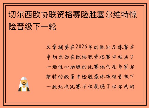 切尔西欧协联资格赛险胜塞尔维特惊险晋级下一轮